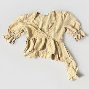 Anthropologie Boskemper asymmetric linen-blend Ruffled CottageCore Wrap Top L‎